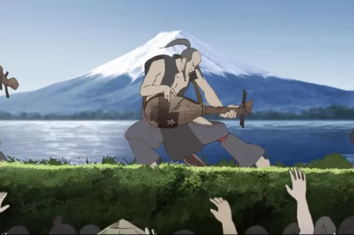 A new scene photo full of festival feeling, Inu-Oh dancing in a flashy costume, Biwa strumming!